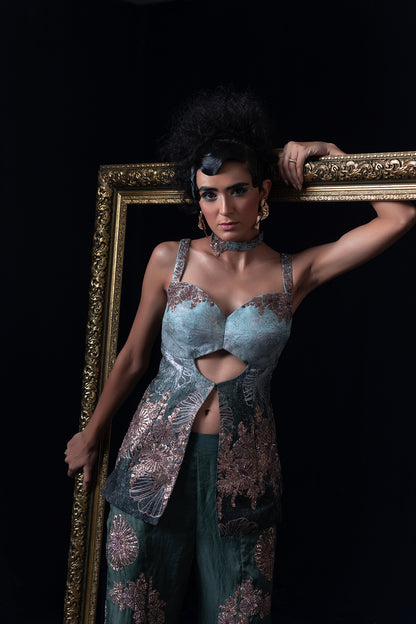 Aqua blue green ombre jacquard weave top