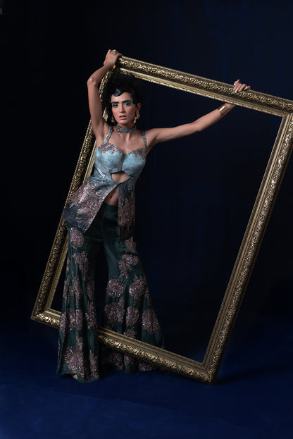 Aqua blue green ombre jacquard weave top