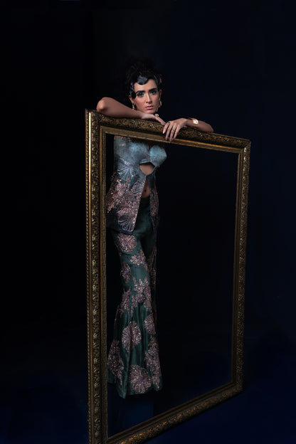 Aqua blue green ombre jacquard weave top