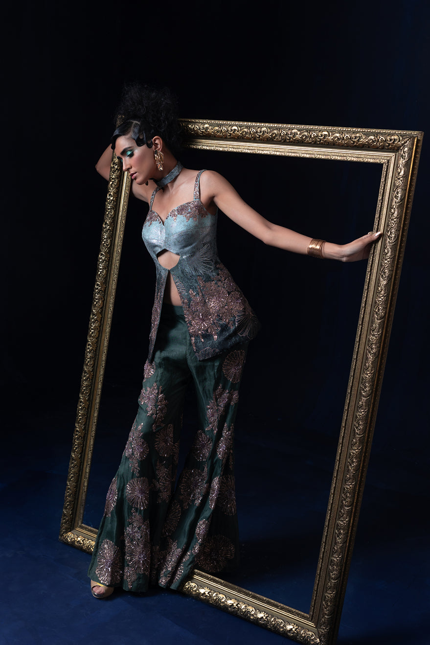 Aqua blue green ombre jacquard weave top