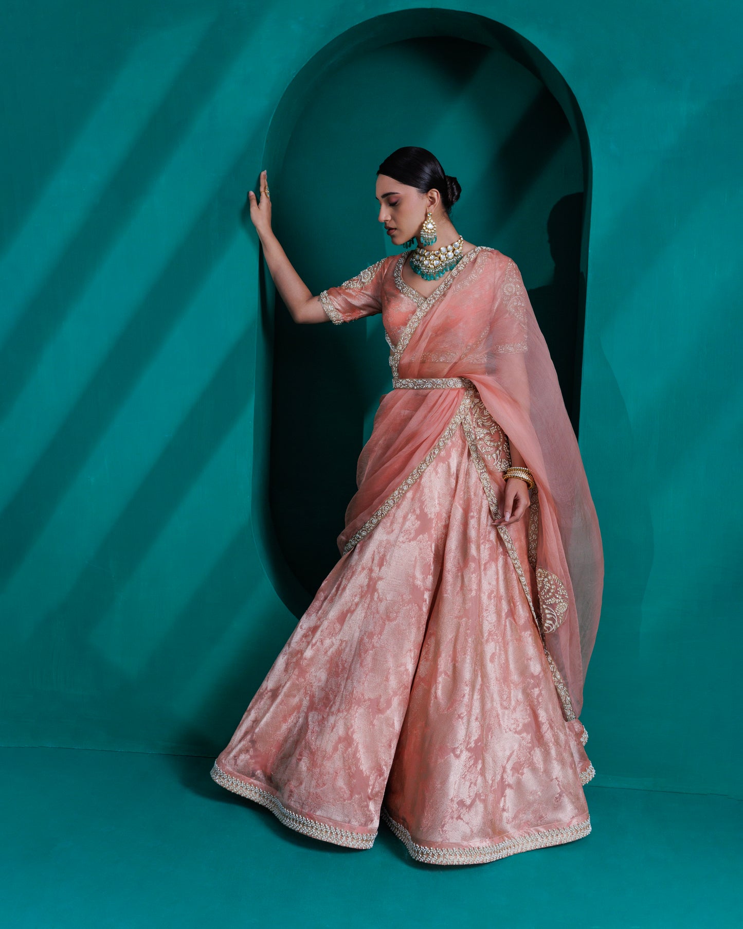 Rose gold Jacquard zari organza blouse and lehnga set with organza dupatta