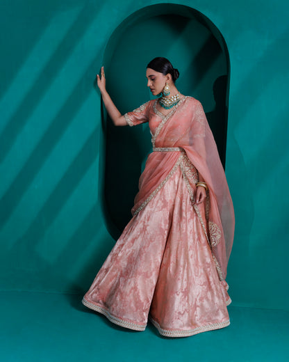 Rose gold Jacquard zari organza blouse and lehnga set with organza dupatta