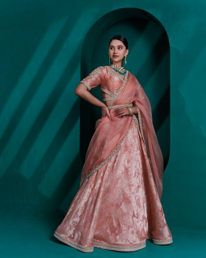 Rose gold Jacquard zari organza blouse and lehnga set with organza dupatta