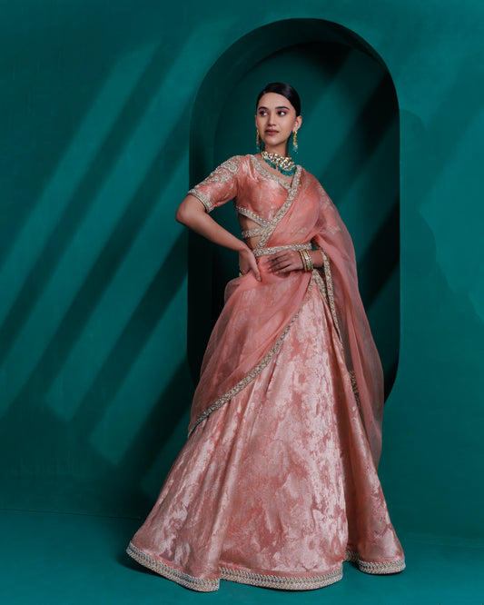 Rose gold Jacquard zari organza blouse and lehnga set with organza dupatta