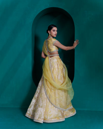 Yellow Jacquard zari organza blouse and lehnga set with organza dupatta