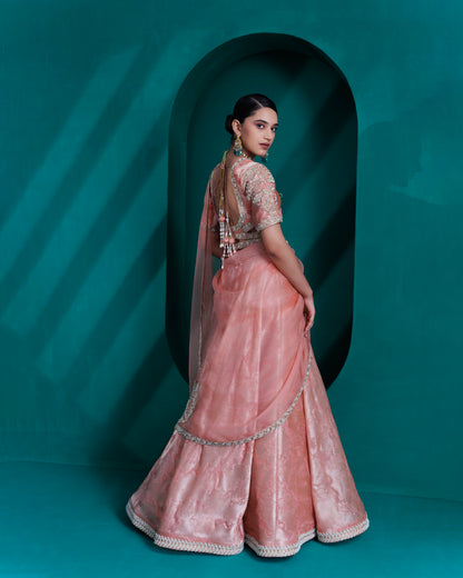 Rose gold Jacquard zari organza blouse and lehnga set with organza dupatta