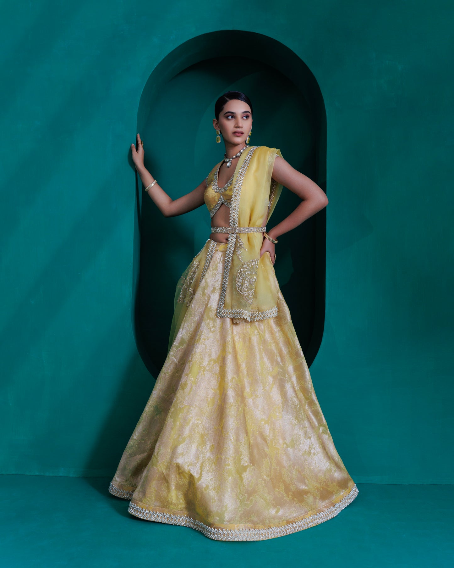 Yellow Jacquard zari organza blouse and lehnga set with organza dupatta