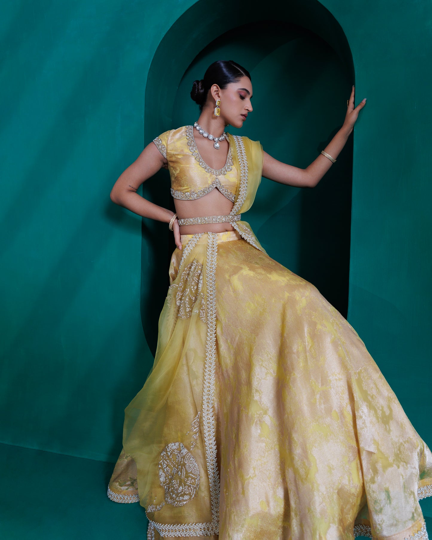 Yellow Jacquard zari organza blouse and lehnga set with organza dupatta