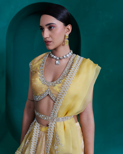 Yellow Jacquard zari organza blouse and lehnga set with organza dupatta