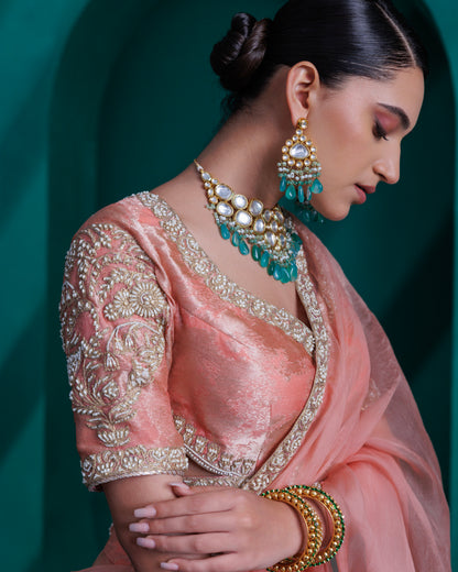 Rose gold Jacquard zari organza blouse and lehnga set with organza dupatta
