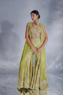 Lemon green Jacquard zari organza cape set with gharara pants and blouse