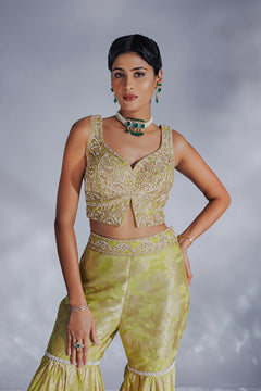 Lemon green Jacquard zari organza cape set with gharara pants and blouse