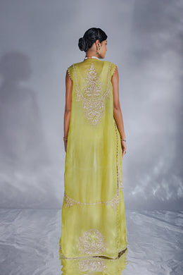 Lemon green Jacquard zari organza cape set with gharara pants and blouse