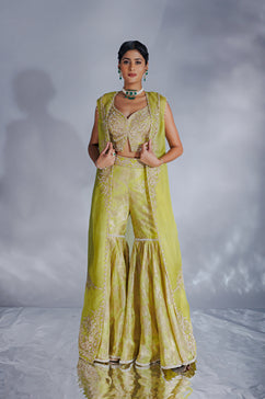 Lemon green Jacquard zari organza cape set with gharara pants and blouse