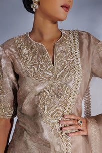 Mouse grey Jacquard zari organza tunic set with pant and dupatta
