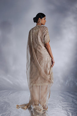 Mouse grey Jacquard zari organza tunic set with pant and dupatta