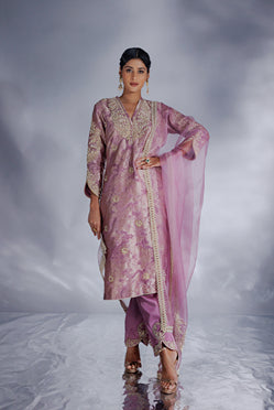 Lavender Jacquard zari organza tunic set with pants and dupatta