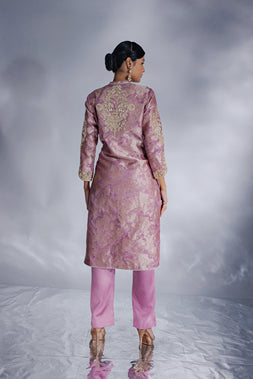 Lavender Jacquard zari organza tunic set with pants and dupatta