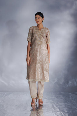 Mouse grey Jacquard zari organza tunic set with pant and dupatta