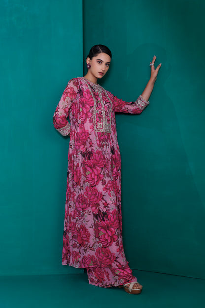 Digital printed georgette embroidered long top with palazo pants