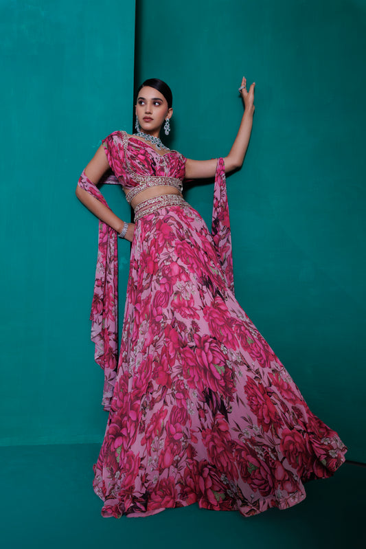 Digital printed georgette blouse and lehnga  with printed dupatta