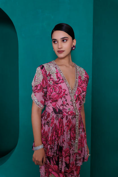 Digital printed georgette embroidered peplum top with gharara pants