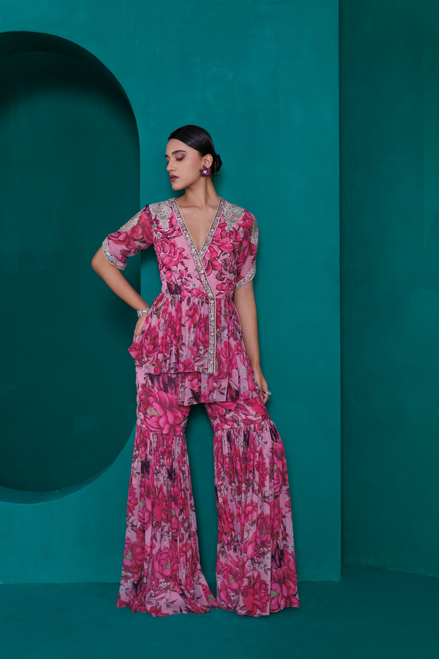 Digital printed georgette embroidered peplum top with gharara pants