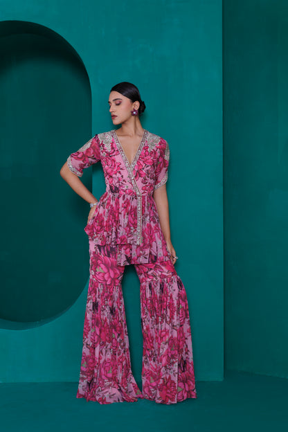 Digital printed georgette embroidered peplum top with gharara pants