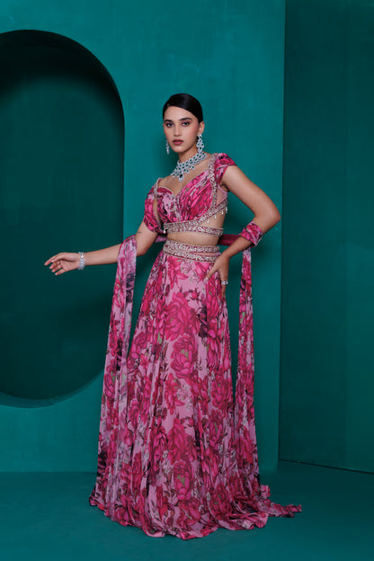 Digital printed georgette blouse and lehnga  with printed dupatta