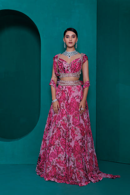 Digital printed georgette blouse and lehnga  with printed dupatta