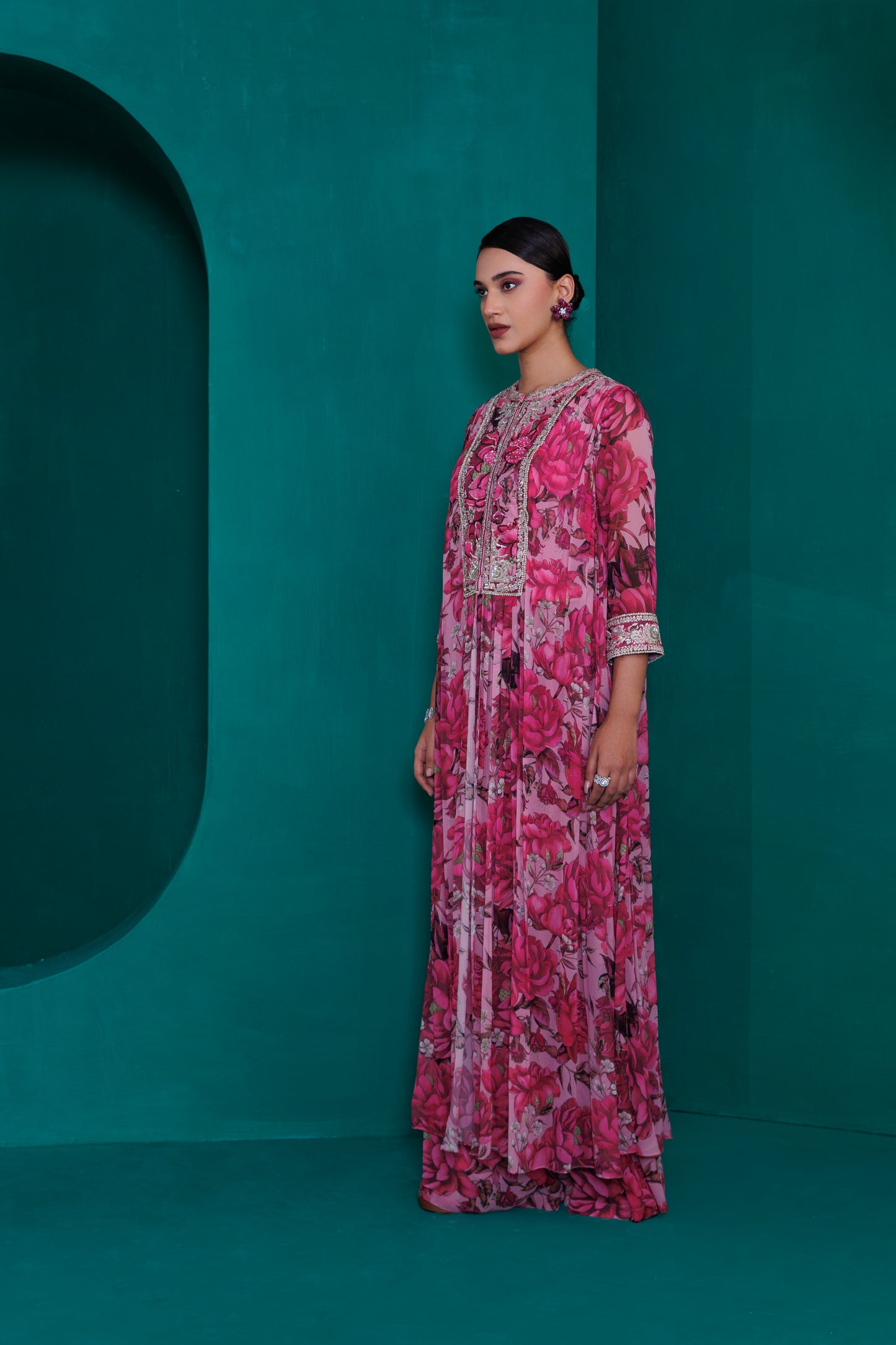 Digital printed georgette embroidered long top with palazo pants