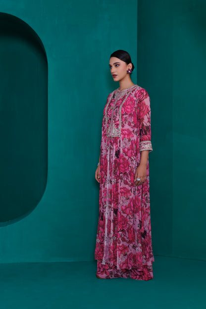 Digital printed georgette embroidered long top with palazo pants