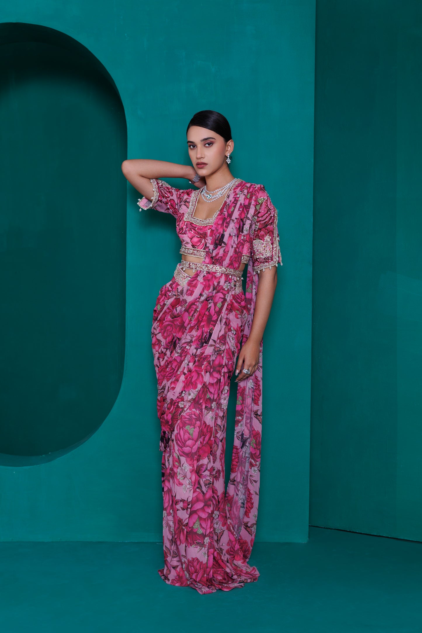 Digital printed georgette embroidered blouse with pre stitched drape sari
