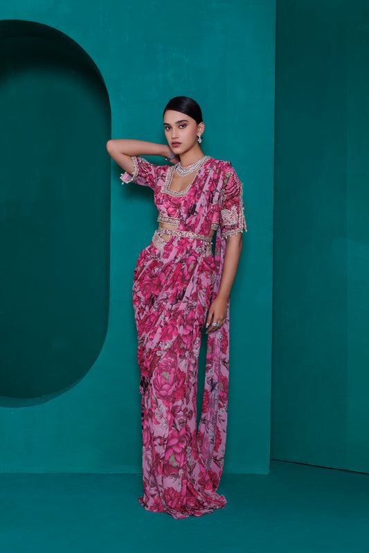 Digital printed georgette embroidered blouse with pre stitched drape sari