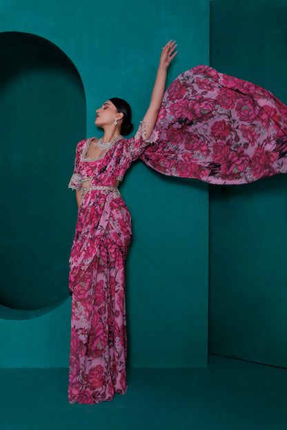Digital printed georgette embroidered blouse with pre stitched drape sari
