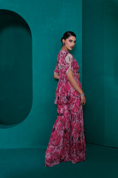 Digital printed georgette embroidered peplum top with gharara pants
