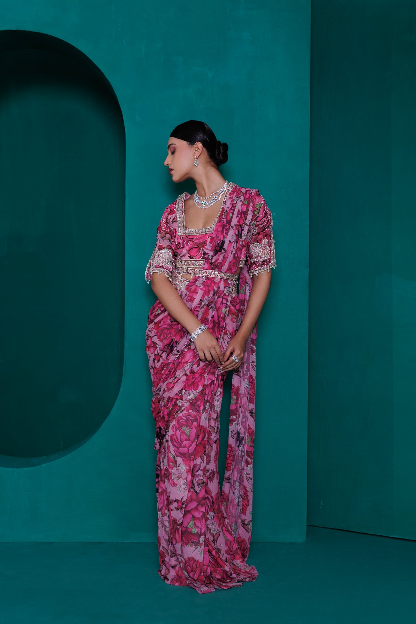 Digital printed georgette embroidered blouse with pre stitched drape sari