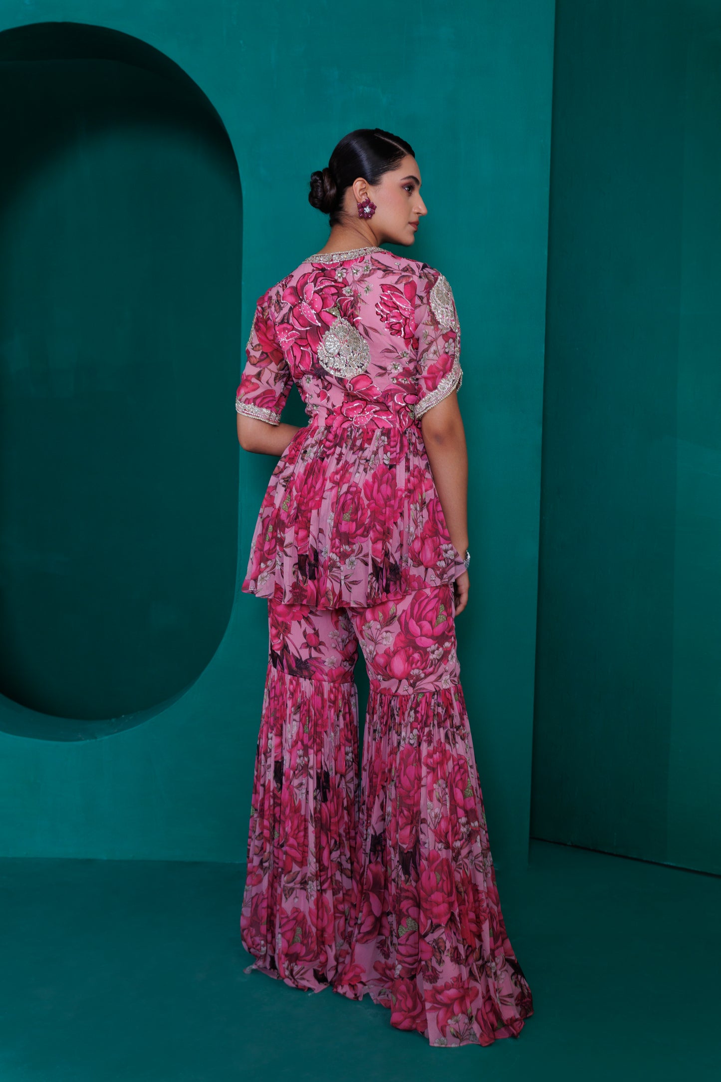 Digital printed georgette embroidered peplum top with gharara pants