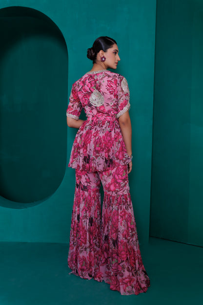 Digital printed georgette embroidered peplum top with gharara pants