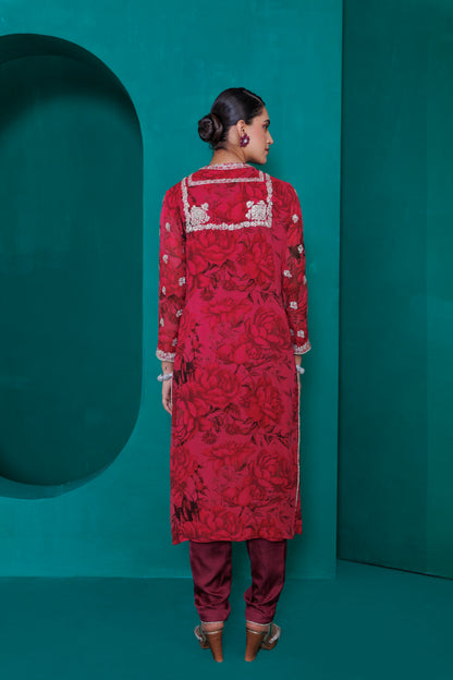 Digital printed georgette embroidered tunic with modal satin pant and organza dupatta