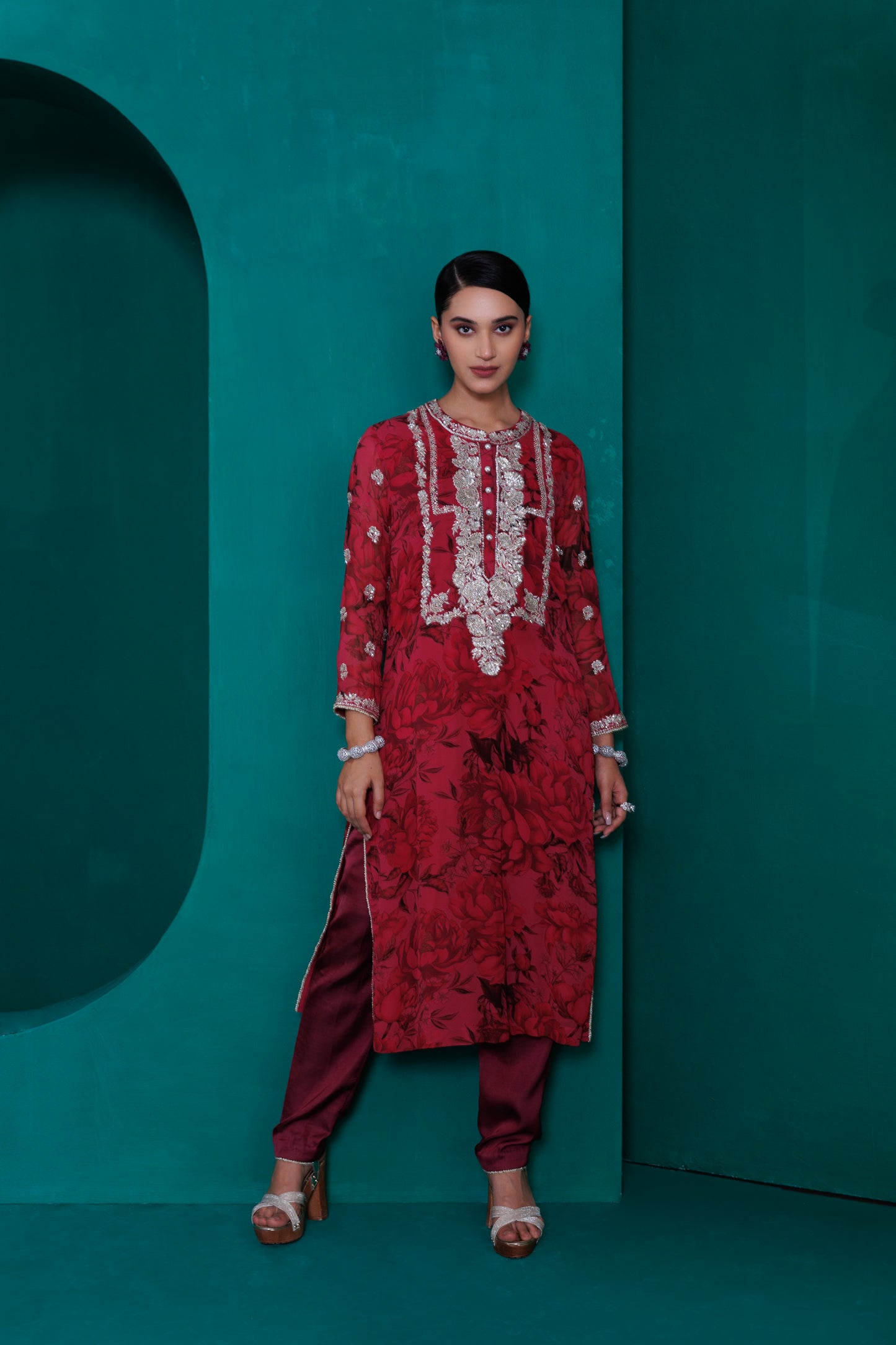 Digital printed georgette embroidered tunic with modal satin pant and organza dupatta