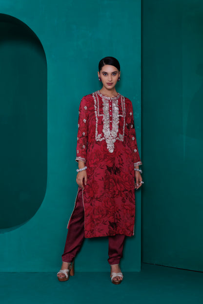 Digital printed georgette embroidered tunic with modal satin pant and organza dupatta