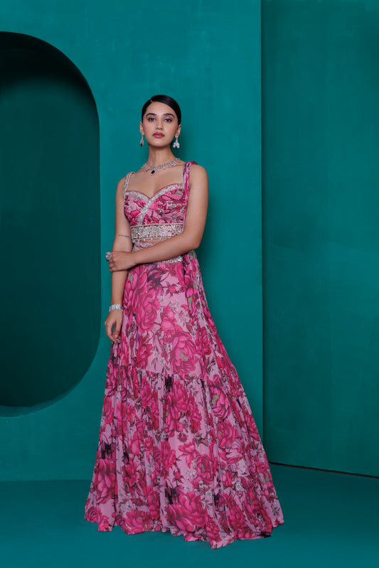 Digital printed georgette blouse and lehnga  with printed dupatta