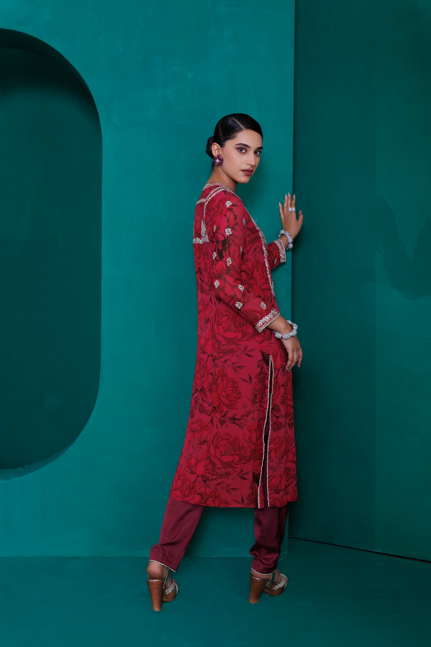 Digital printed georgette embroidered tunic with modal satin pant and organza dupatta