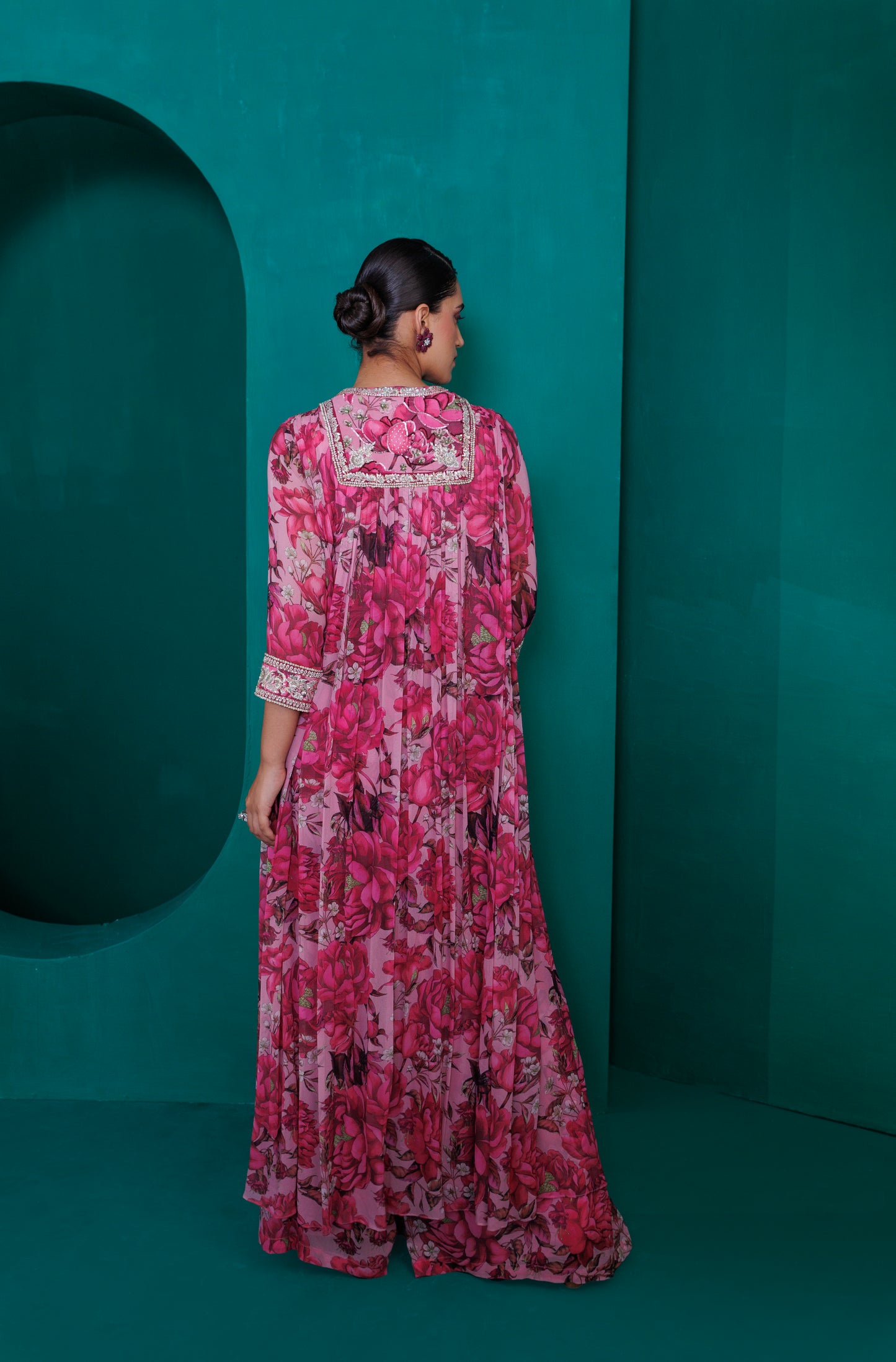 Digital printed georgette embroidered long top with palazo pants