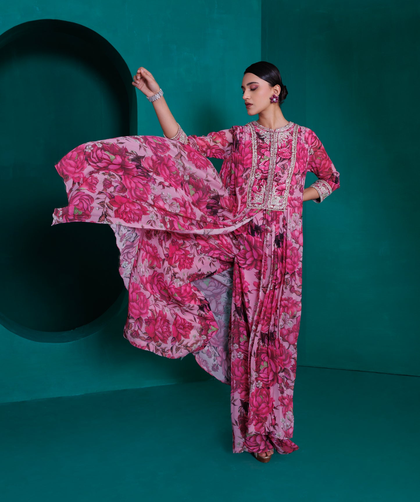 Digital printed georgette embroidered long top with palazo pants