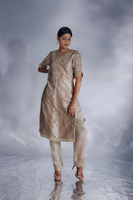 Mouse grey Jacquard zari organza tunic set with pant and dupatta