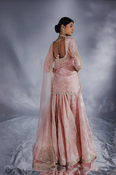 Powder pink Jacquard zari organza sharara set