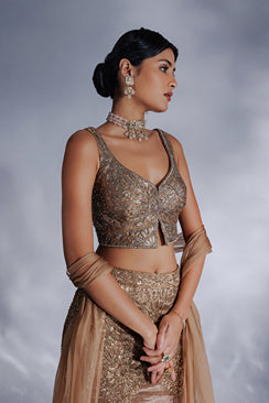 Hand-woven chanderi silk tissue fish cut lehenga set