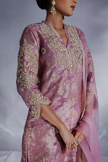 Lavender Jacquard zari organza tunic set with pants and dupatta